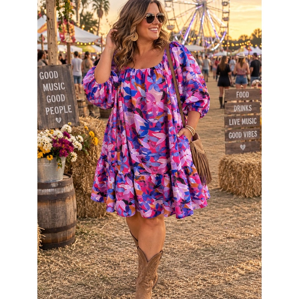 Entro Floral Puff Sleeve Babydoll Dress Pink Purple Tiered Mini XL